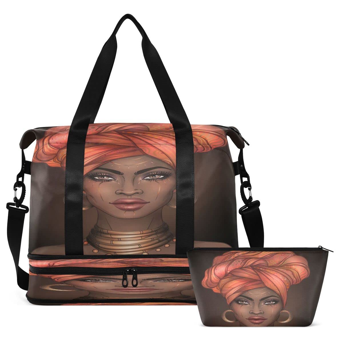 Gym Bag Sports Travel Duffel Bag Weekender Overnight Bag with Wet Pocket Shoes Compartment and Toiletry Bag African American Woman for Travel, Business,Gym, Yoga