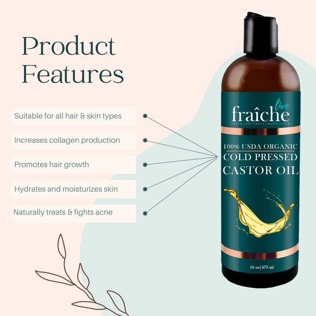 Live Fraiche Organic Castor Oil (16oz) + Filled Mascara Tube - 100% Pure Hexane Free Cold Pressed Castor Oil for Skin and Face - Hair Growth Oil for Eyelashes and Eyebrows Scalp & Hair Treatment Oil