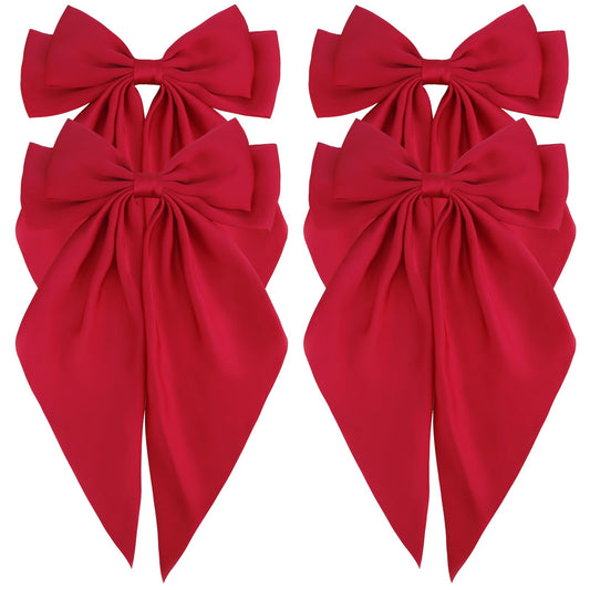 Velscrun Wine Red Hair Bows for Women Girls, Silky Satin Large Coquette Bow, Oversized Hair Ribbons 4Pcs Big Bows Clip Long Tail Bowknot Hair Barrettes Christmas Bow Accessories