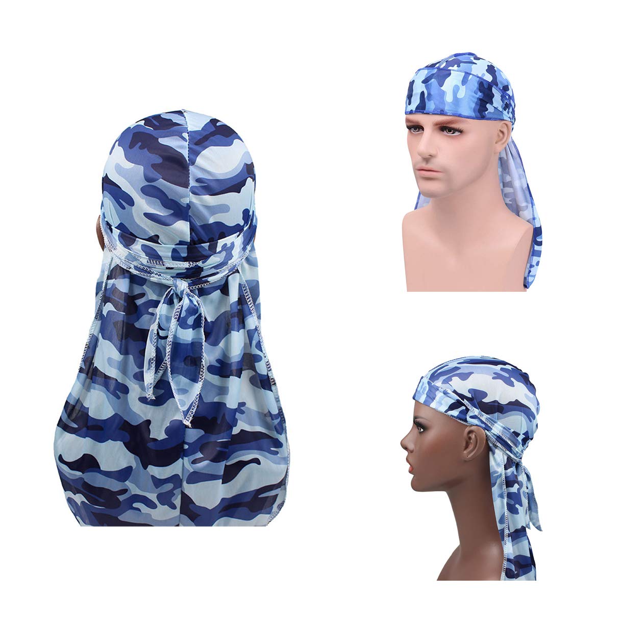 Military Camouflage Premium Silky Durags with Long Tail Colorful 360 Waves Doo rag for Men Du rag Cap (3/4 Packed), Set1-silky-3 Packed, Medium