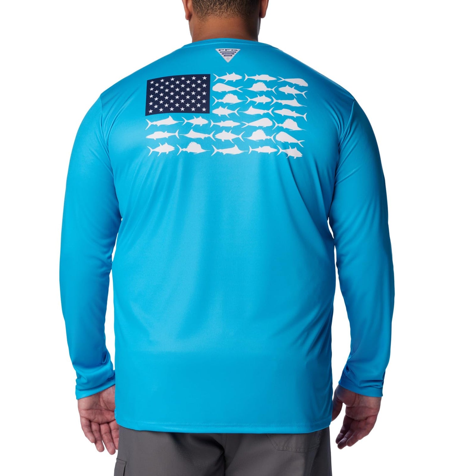 Columbia Men's Big & Tall Terminal Tackle PFG Fish Flag Long Sleeve, Ocean Blue/Coll Navy Offshore Slam, X-Large Tall