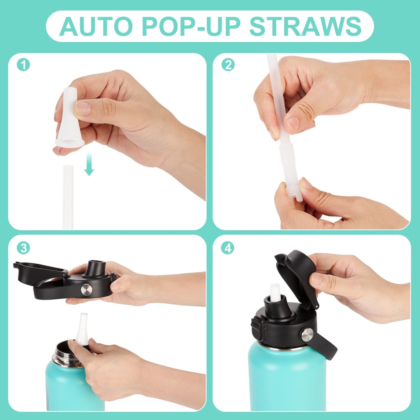 EIPOSAU Auto Flip Lid with Removable Straw, Replacement Lid with Dust Cover, Fits Most Wide Mouth Sports Water Bottle