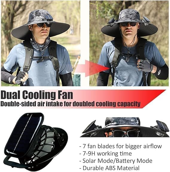 Nubudoz Wide Brim Solar Fan Hat, Wide Brim Solar Fan Outdoor Fishing Hat, Dual Power Solar Fan Hats for Men-Solar & USB Charging (Wide Brim Solar Fan Hat, Black)