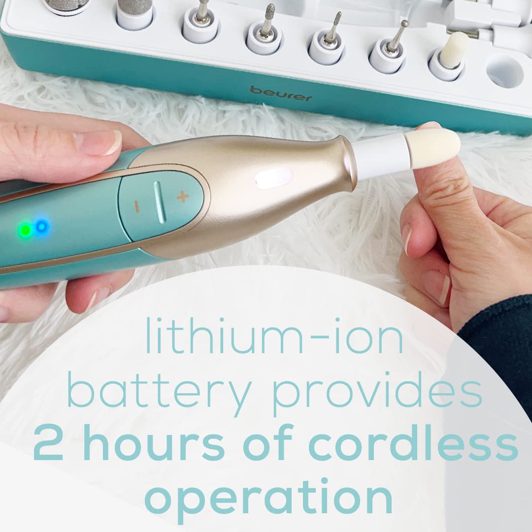 Beurer MP84 Professional Manicure & Pedicure Nail Drill Kit, 14-Piece Cordless Electric Nail File with 10 Attachments, LED Light, Adjustable Speed, Charging Storage Case