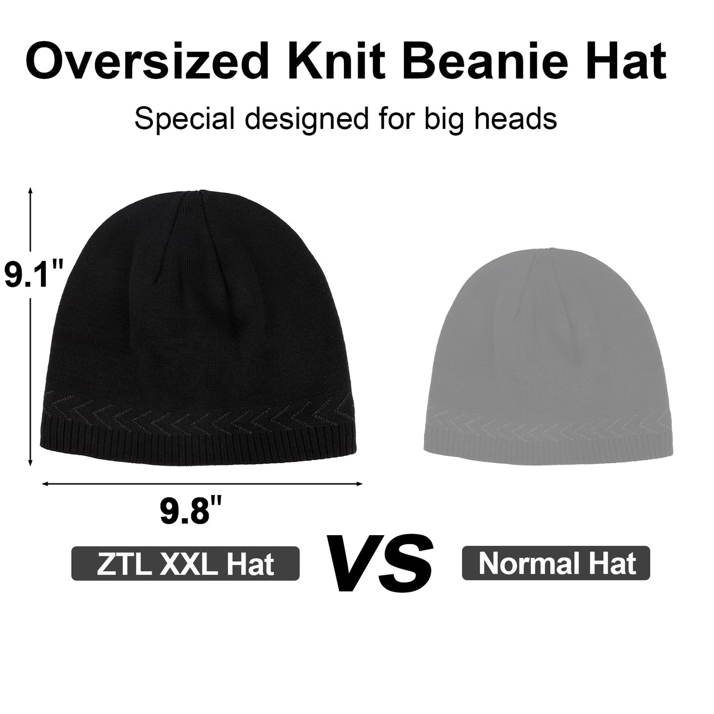 Oversize XXL Mens Beanie Hat for Big Heads 23.6"-25.6", Large Winter Knit Hats Ribbed Stocking Hat Ski Skull Cap Black