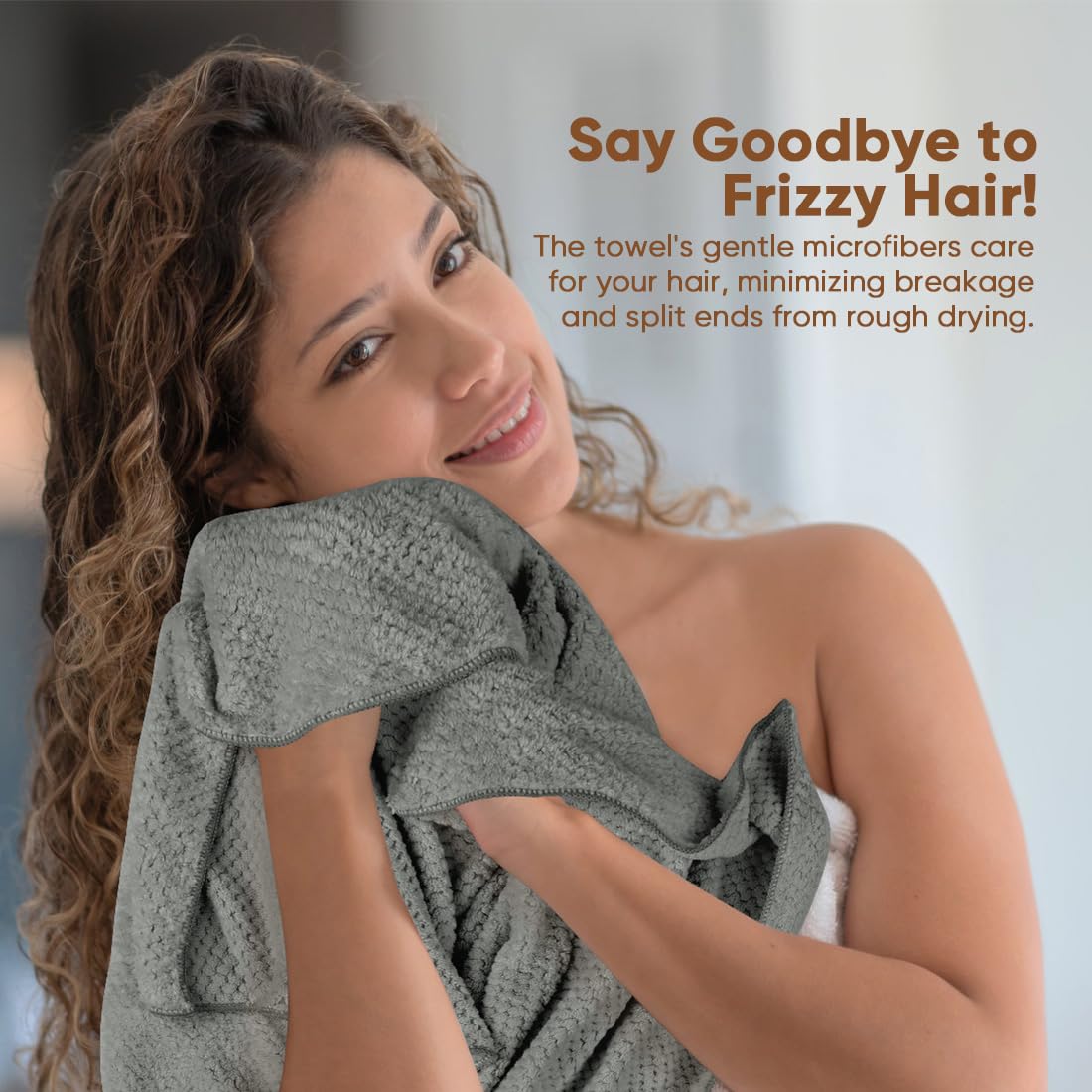 HOMEXCEL 5 Pack Large Microfiber Hair Towel Wrap for Women, Grey- 40 x 20 inches Super Soft, Fast Drying Turbans for Long, Thick, Curly Hair - Anti Frizz Wrap with Elastic Strap