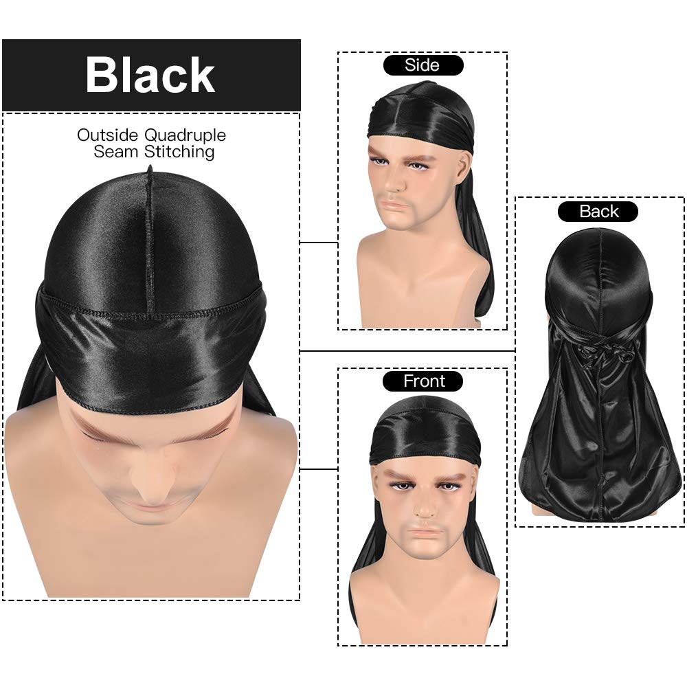 3PCS Silky Durags Pack for Men Waves, Satin Doo Rag, Award 1 Wave Cap,N