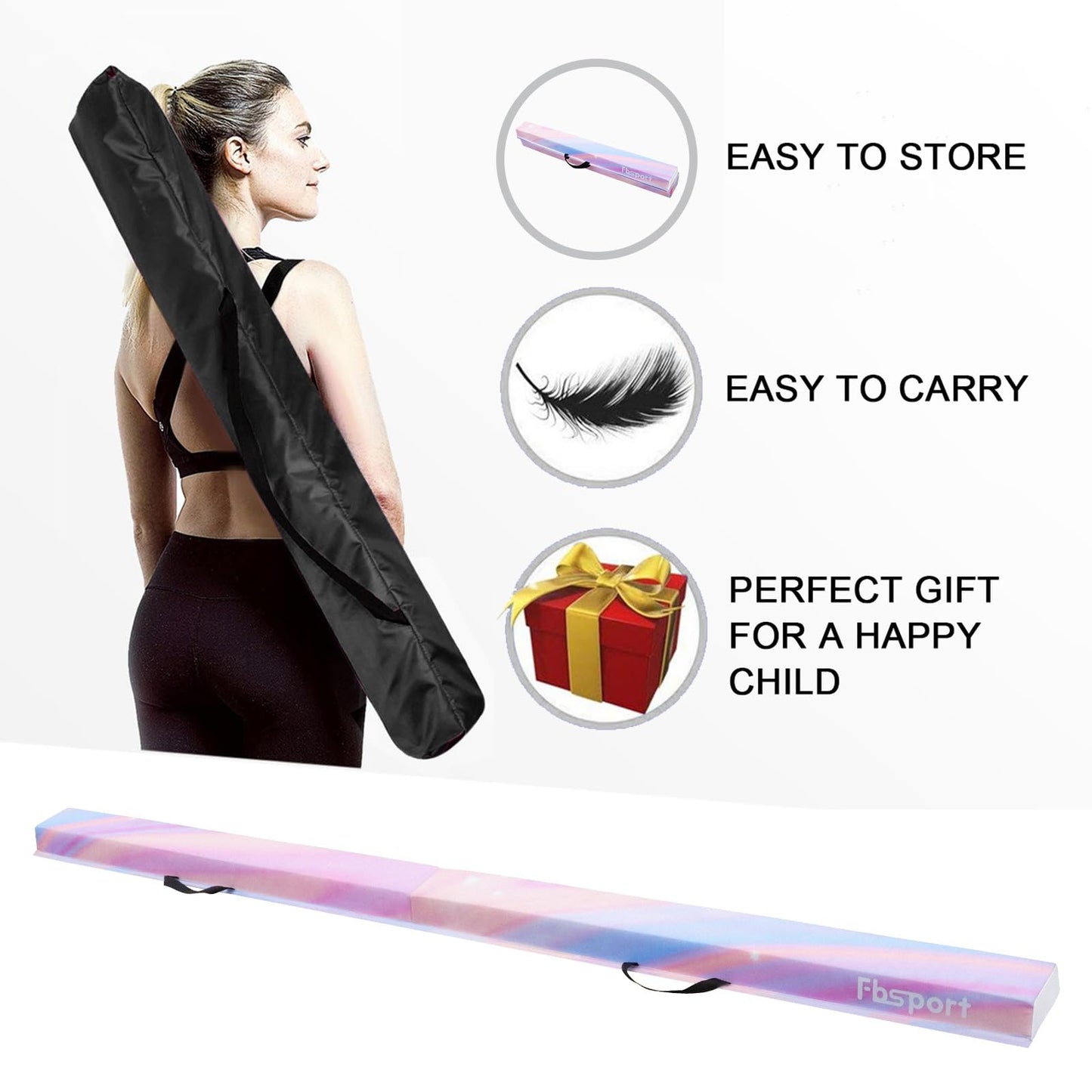 FBSPORT 8ft Balance Beam: Folding Floor Gymnastics Equipment for Kids Adults,Non Slip Rubber Base, Gymnastics Beam for Training, Practice, Physical Therapy and Professional Home Training