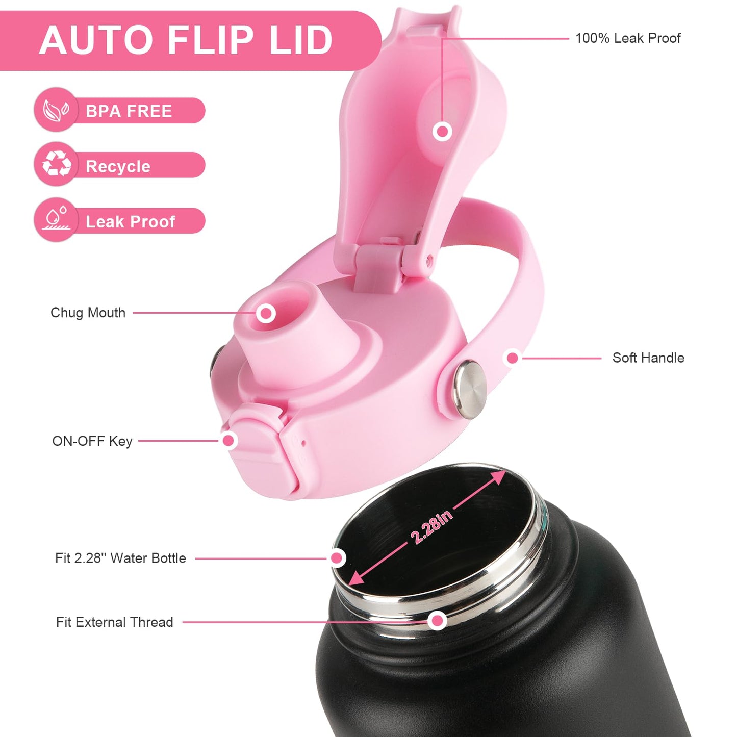 EIPOSAU Auto Flip Lid for Hydro Flask Wide Mouth, Great Spout Lid for Simple Modern, Fits for Iron Flask and Other Brands, Replacement Lid with Button Lock, Pink
