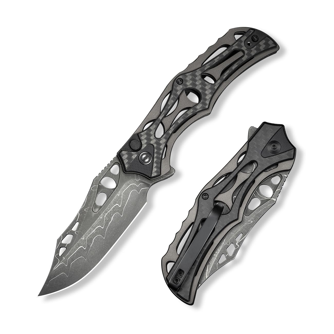 CIVIVI Pocket Knife for Men, Biophase Flipper Tactical Folding Knife, 3.48" Damascus Blade Aluminum with Carbon Fiber G-10 Handle, Lightweight Skeletonized EDC Knife for Camping Hunting, C23083C-DS1