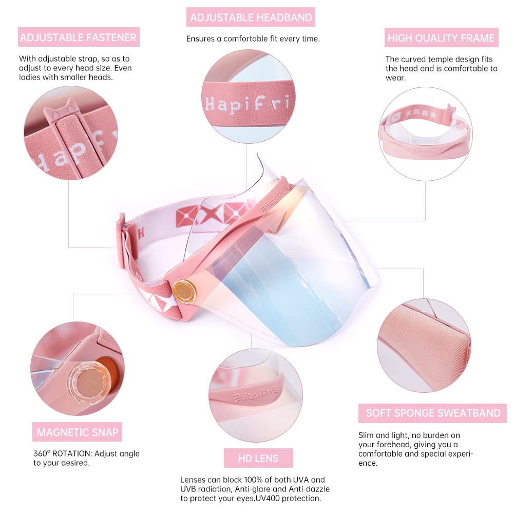 Hapifri UV Protection Face Shield, Unisex Facial Sun Visor for Men Women Outdoors Sports Driving, UPF 70+,100% UV400 Face Visor（Laboratory Test Certificate with Adjustable Headband Pink S…