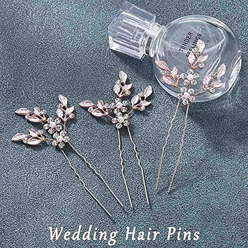 Heread Leaf Bride Wedding Hair Pins Crystal Bridal Head Dress Pearl Hair Accessories for Women and Girls (Pack of 3) (A Rose Gold)