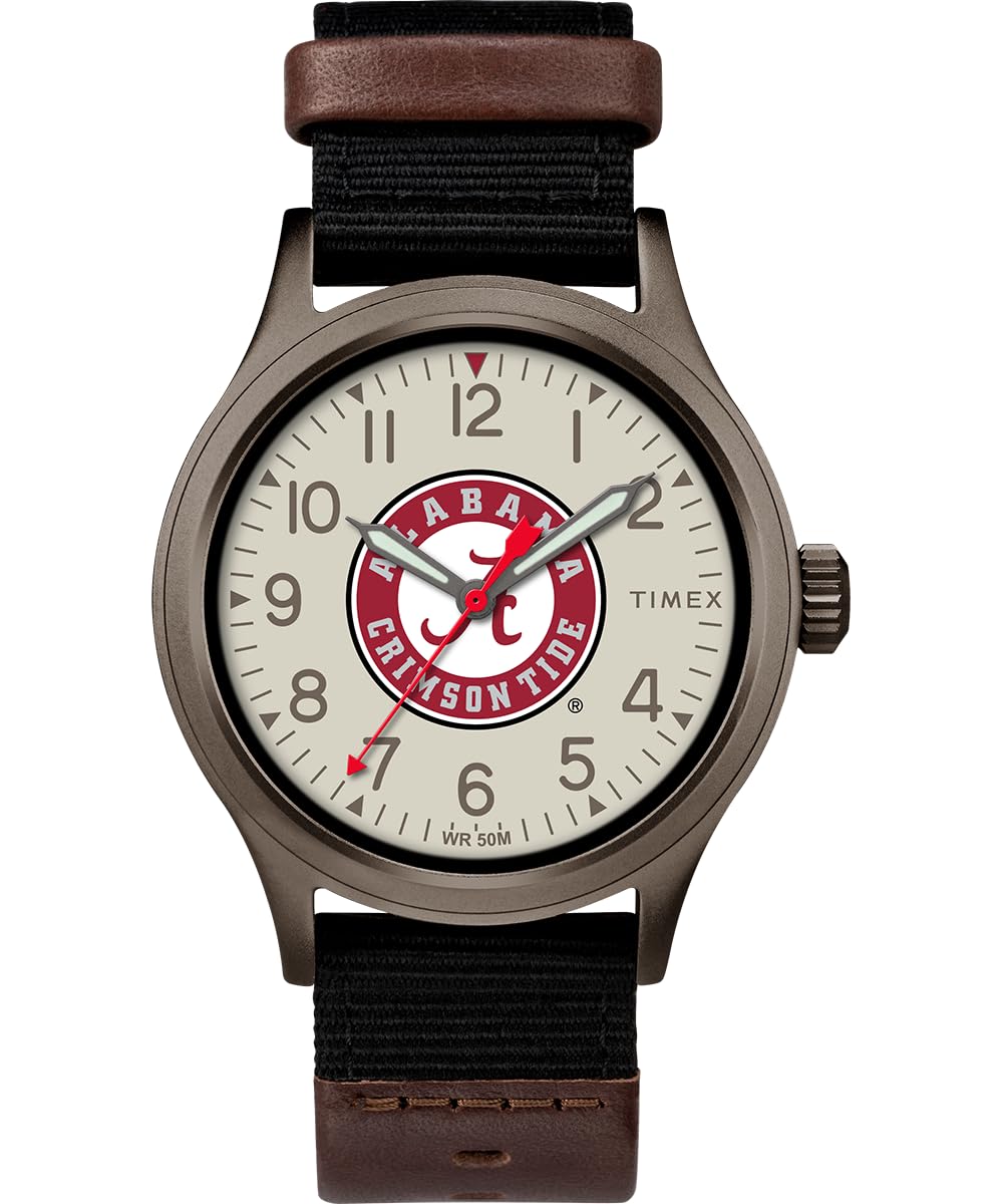 Timex Men's Collegiate Clutch 40mm Watch – Alabama Crimson Tide with Black Fabric & Brown Leather Strap