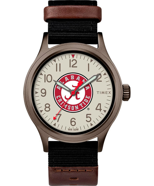 Timex Men's Collegiate Clutch 40mm Watch – Alabama Crimson Tide with Black Fabric & Brown Leather Strap