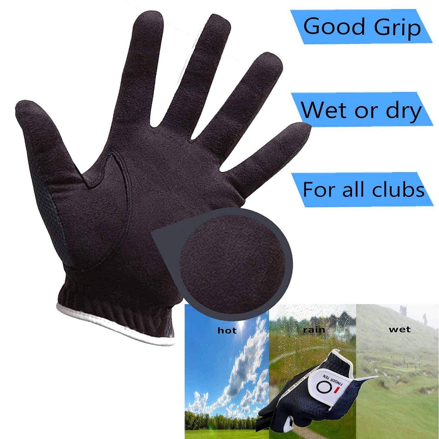 Amy Sport Mens Golf Gloves Pair Both Hands Left and Right Rain Grip Weathersof No Sweat All Weather Grips Soft Comfortable Breathable (Dark Gray, Large)