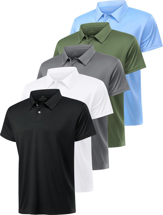 Orrstarry 5 Pack Polo Shirts for Men Dry Fit Short Sleeve Golf T-Shirt Moisture Wicking Collared Casual Work Tops Black/White/Gray/Army Green/Blue S/M