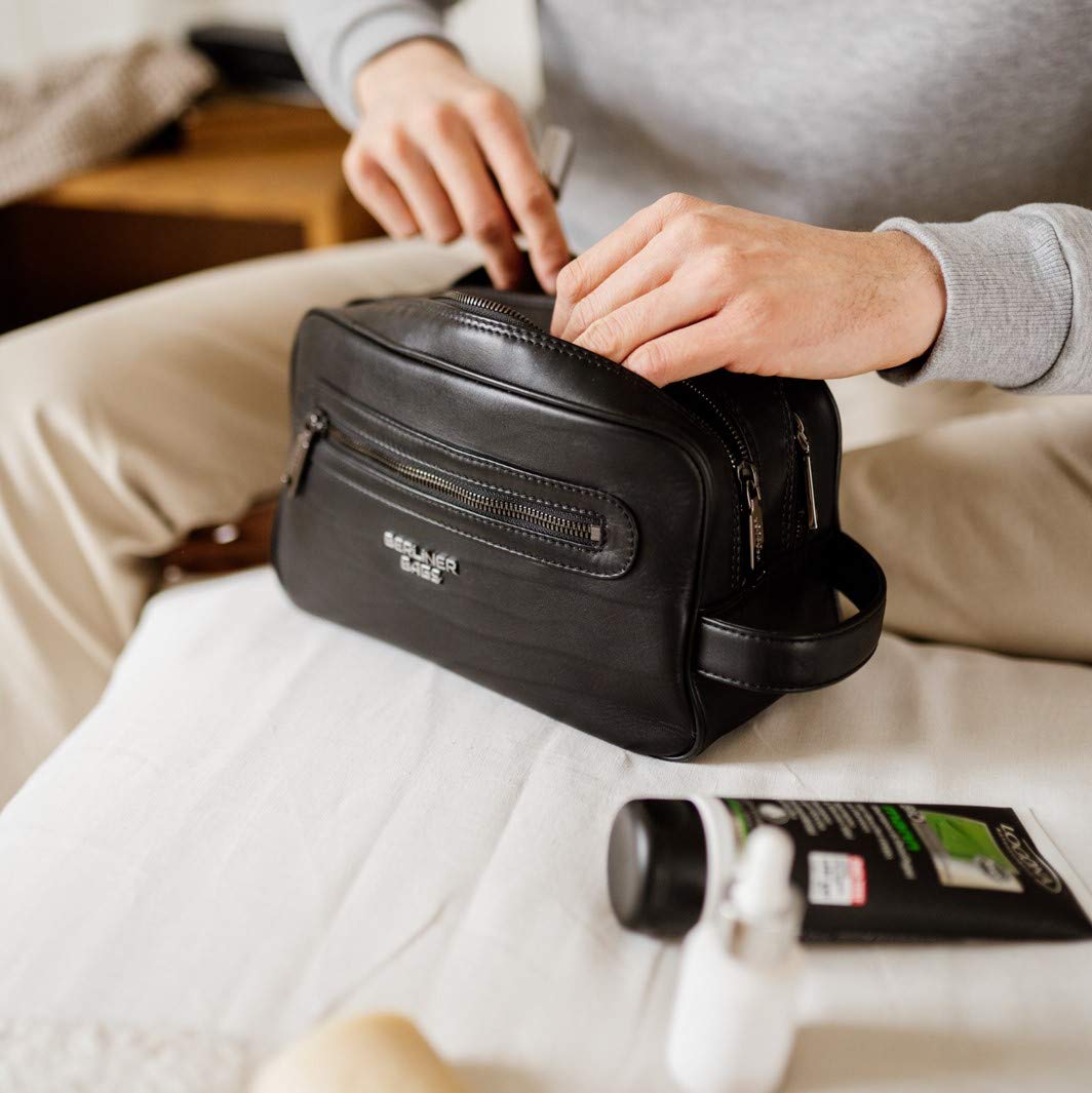 BERLINER BAGS Premium Leather Toiletry Bag Max 2, Large Cosmetics Case for Men and Women for Travel - Black