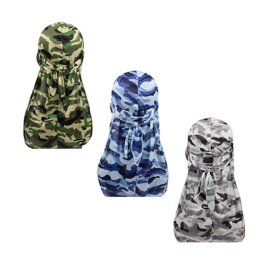 Military Camouflage Premium Silky Durags with Long Tail Colorful 360 Waves Doo rag for Men Du rag Cap (3/4 Packed), Set1-silky-3 Packed, Medium