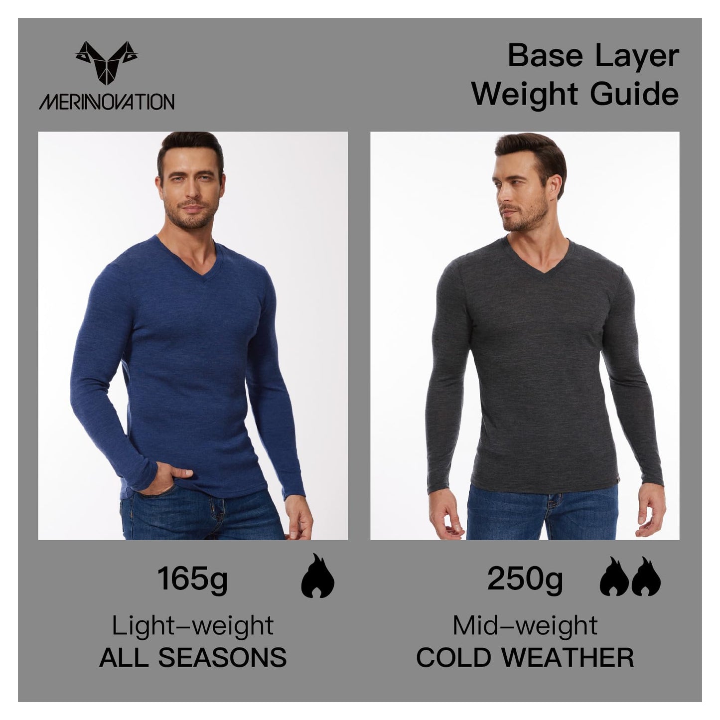 MERINNOVATION Merino Wool Base Layer-Mens 100% Merino Wool Long Sleeve Thermal Shirts for Hiking Hunting,lite,Midweight+Wool Accessory Included, Indigo Blue 165 L