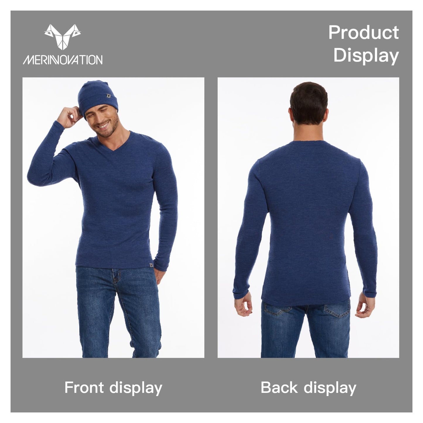 MERINNOVATION Merino Wool Base Layer-Mens 100% Merino Wool Long Sleeve Thermal Shirts for Hiking Hunting,lite,Midweight+Wool Accessory Included, Indigo Blue 165 L