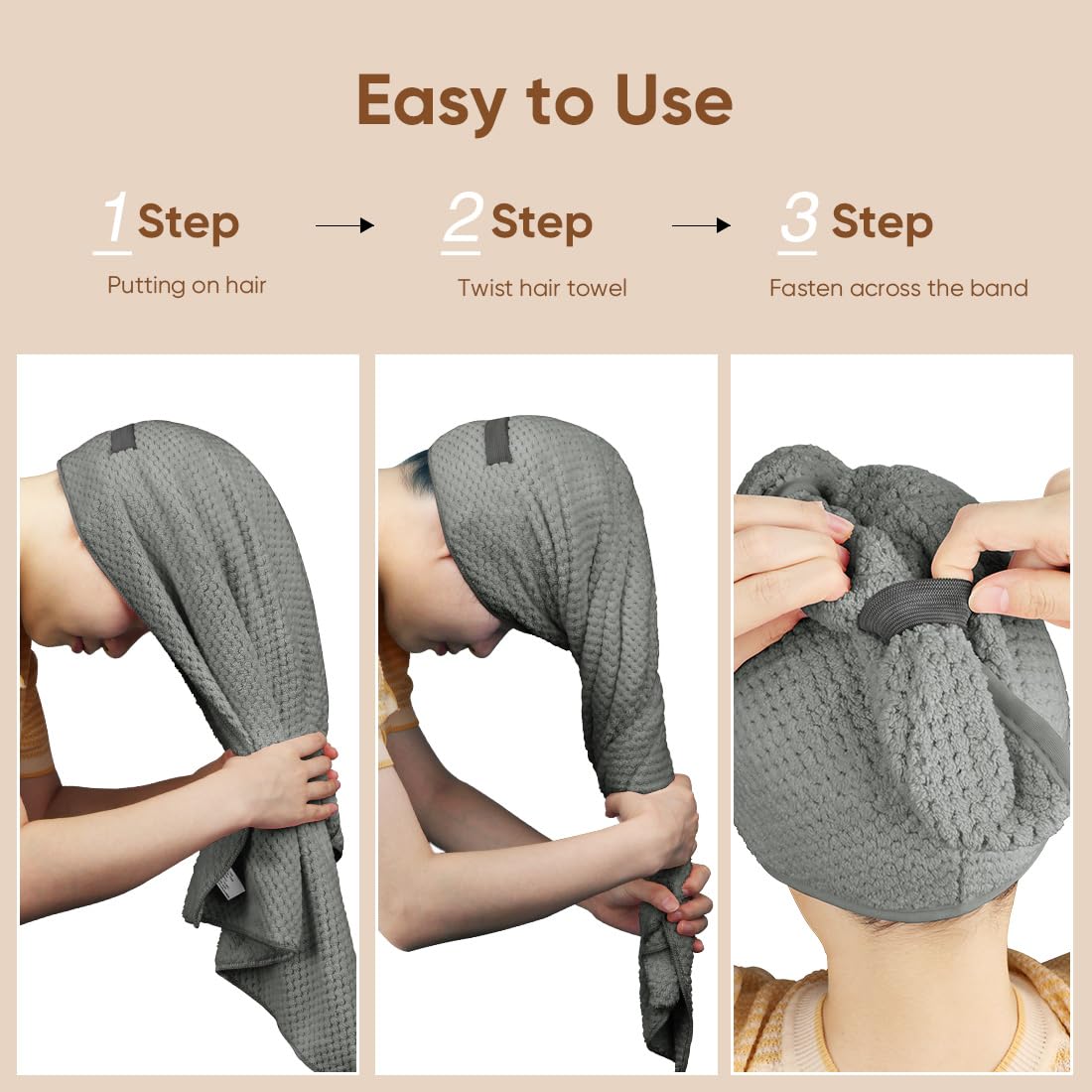 HOMEXCEL 5 Pack Large Microfiber Hair Towel Wrap for Women, Grey- 40 x 20 inches Super Soft, Fast Drying Turbans for Long, Thick, Curly Hair - Anti Frizz Wrap with Elastic Strap