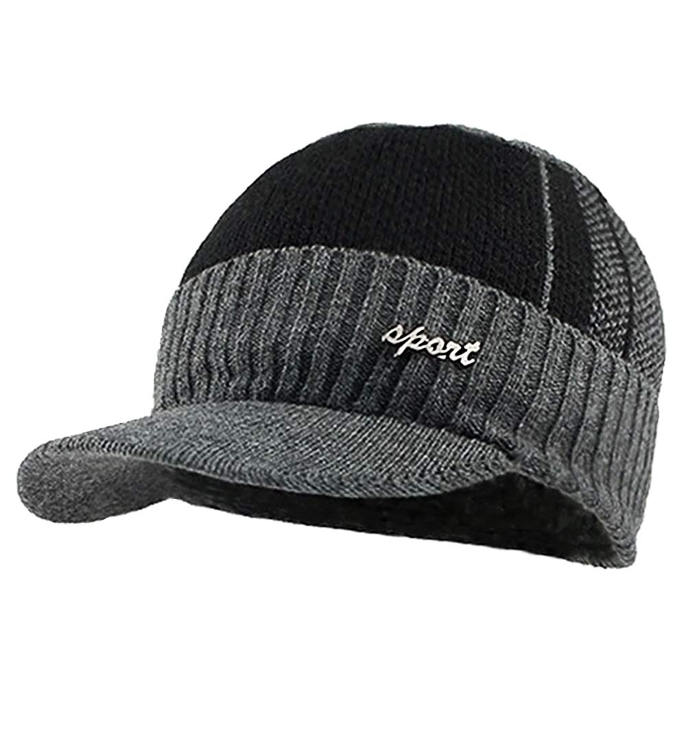 YOYEAH Men's Outdoor Newsboy Hat Winter Warm Thick Knit Beanie Cap Fleece Lined Skull Ski Cap with Visor Gray