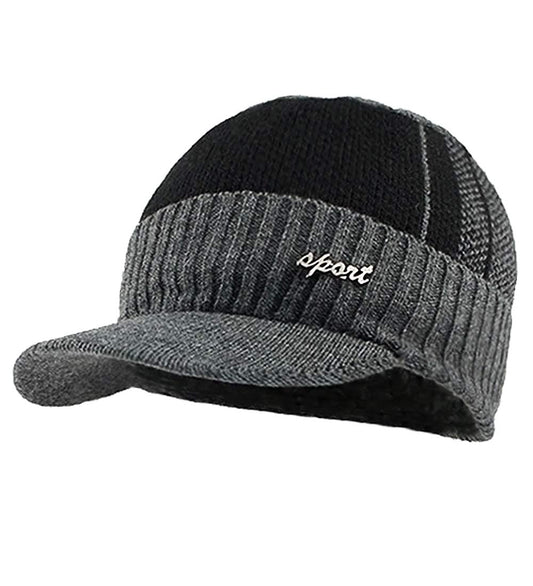 YOYEAH Men's Outdoor Newsboy Hat Winter Warm Thick Knit Beanie Cap Fleece Lined Skull Ski Cap with Visor Gray