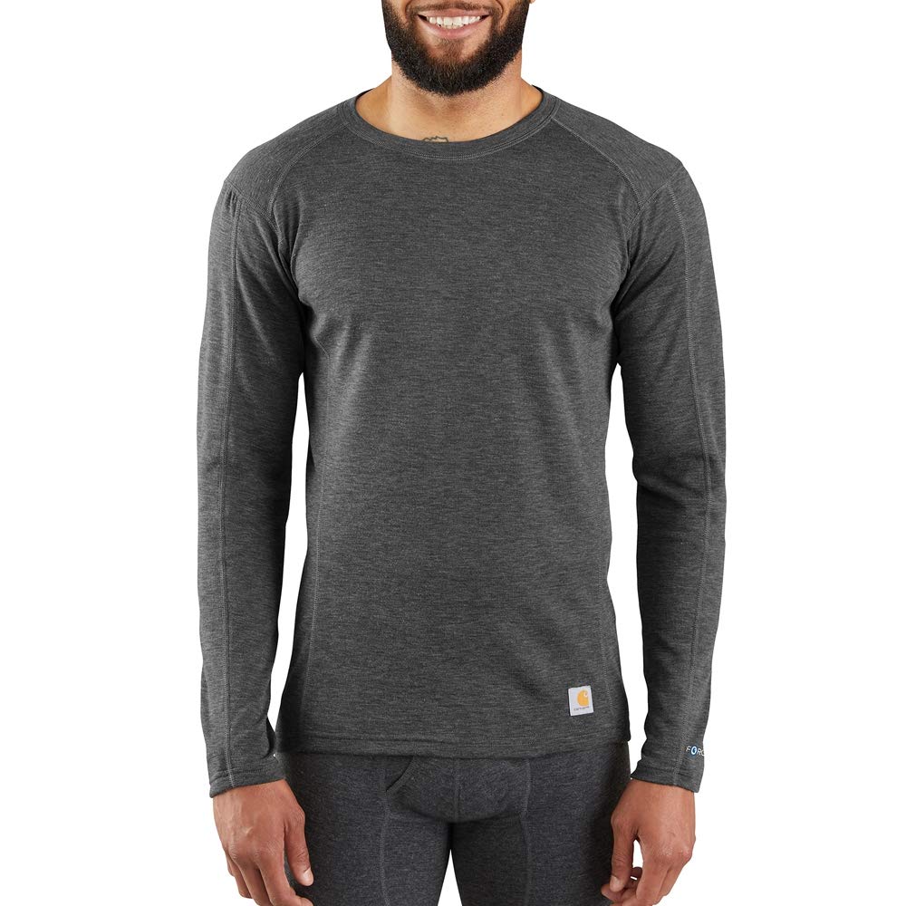 Carhartt Men's Size Force Midweight Synthetic-Wool Blend Base Layer Crewneck Pocket Top, Dark Black Heather, X-Large Tall