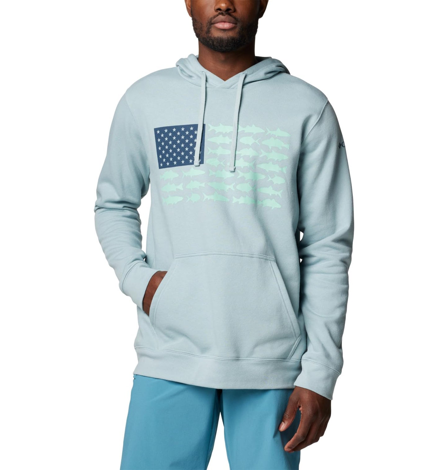 Columbia Men's PFG Fish Flag II Hoodie, Crushed Blue/Mint Cay Inshore Slam, Large