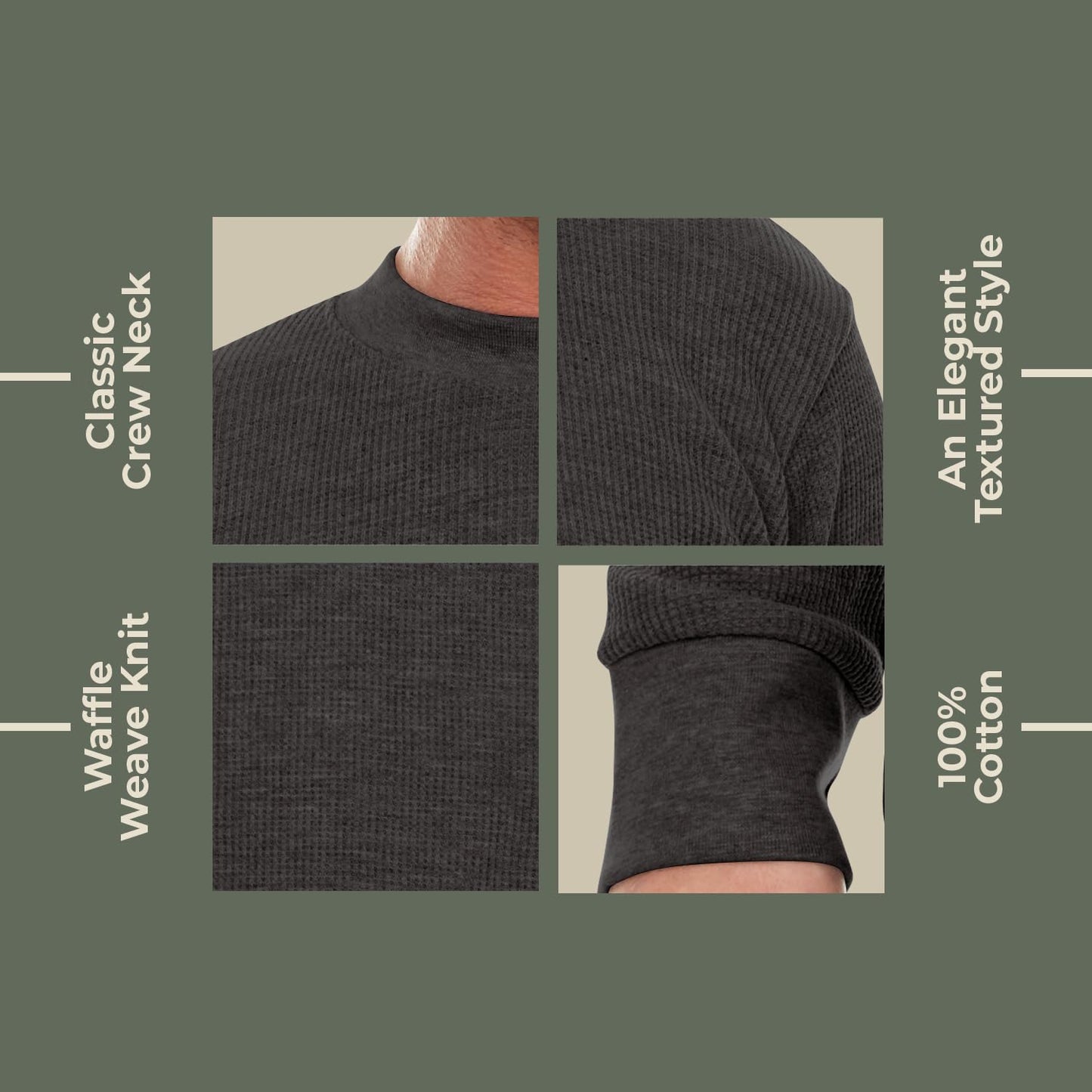 JMR Men's Thermal Shirt Heavy Weight Long Sleeve Waffle Crew Neck Top Underwear, Colors, Sizes (Charcoal, X-Large)