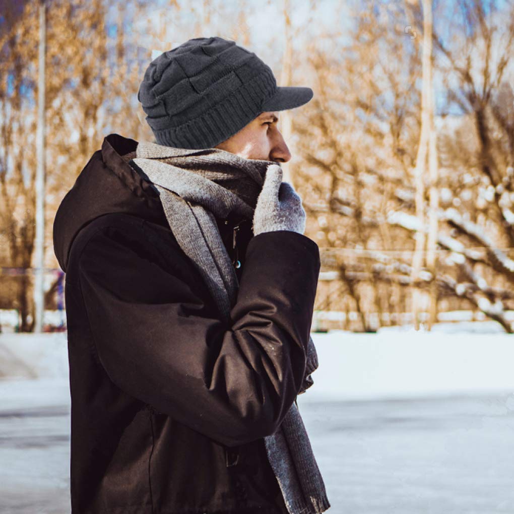 Ruphedy Mens Beanie with Brim Winter Hat Knitted Thick Fleece Visor Beanie with Bill B5042 (B322-Grey)