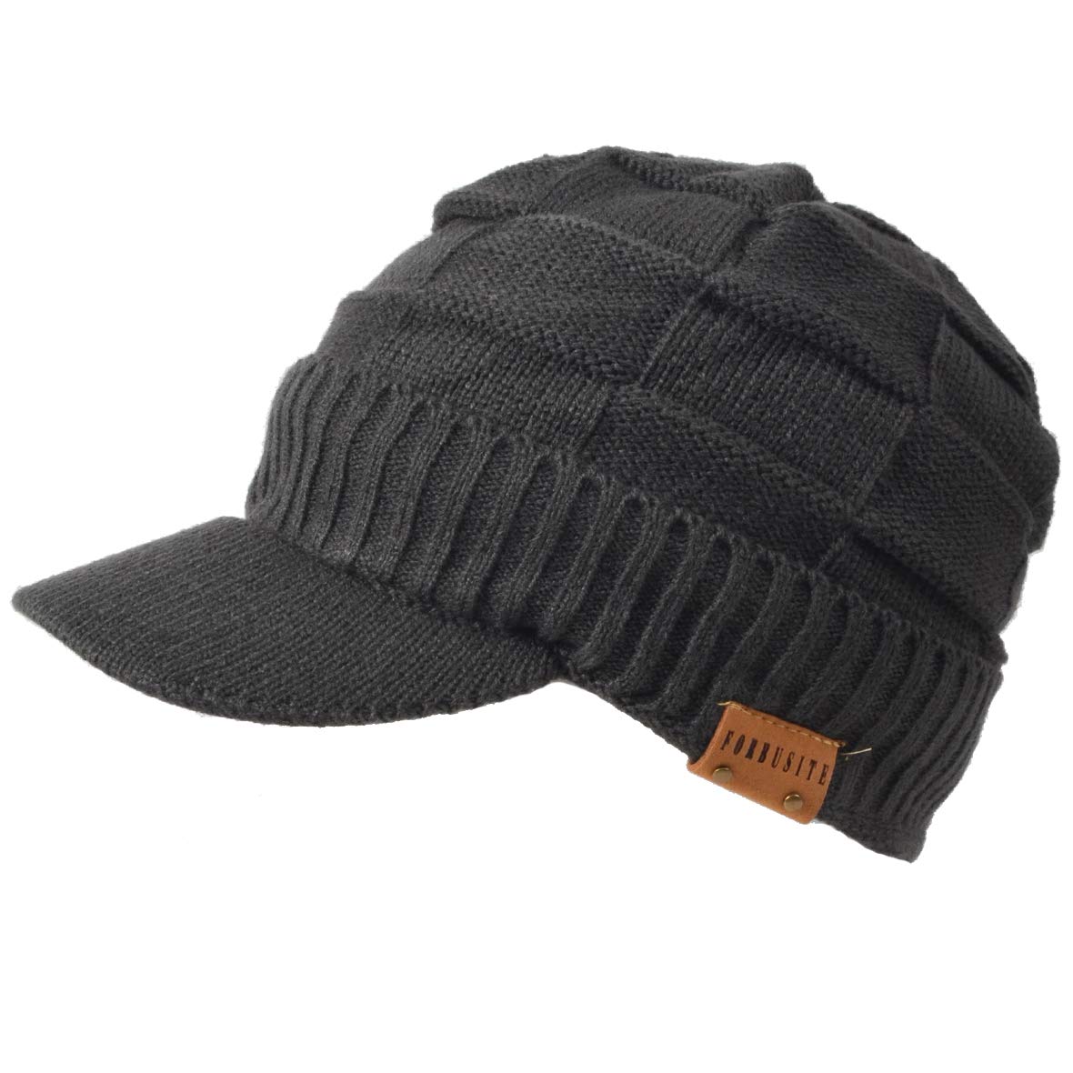 Ruphedy Mens Beanie with Brim Winter Hat Knitted Thick Fleece Visor Beanie with Bill B5042 (B322-Grey)