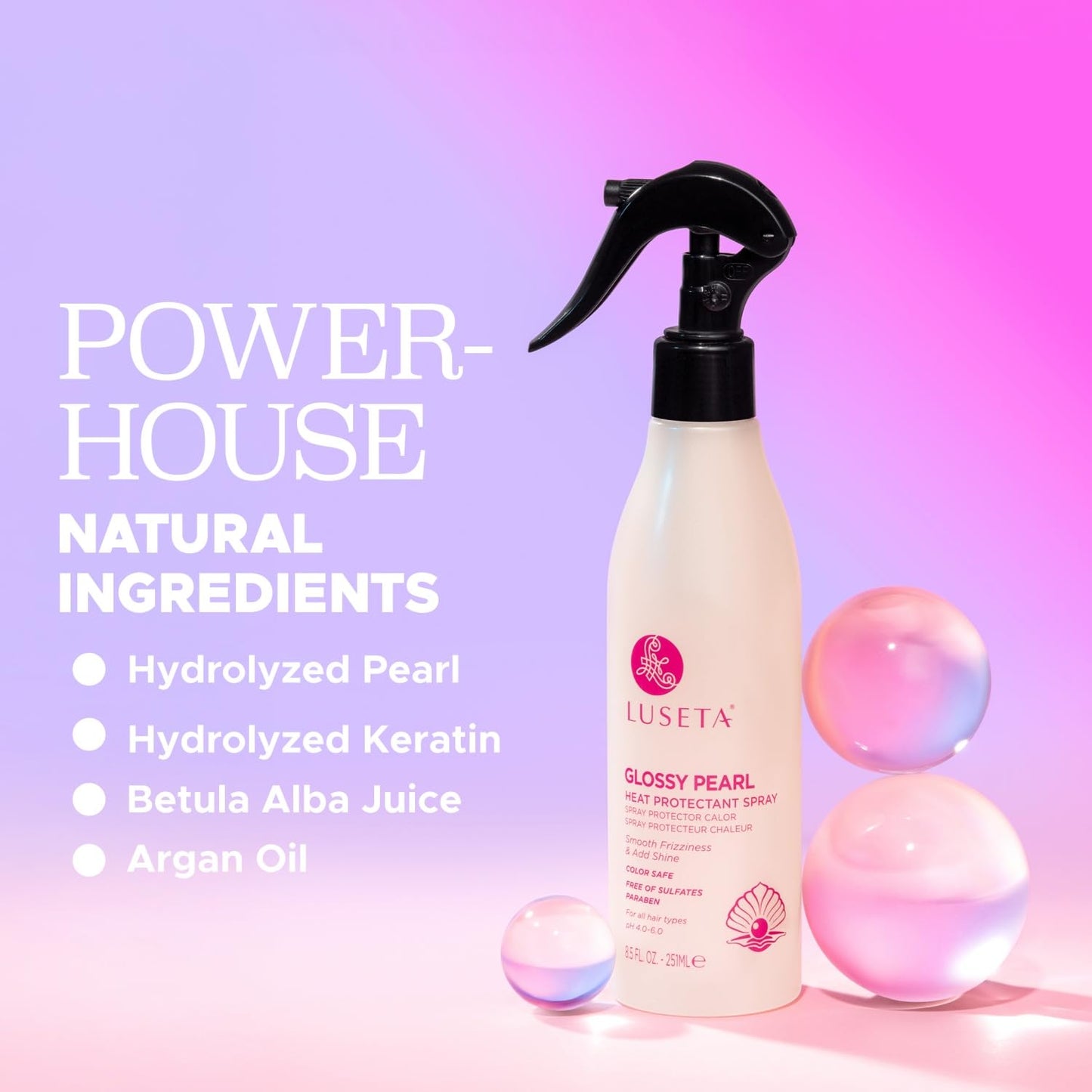 Luseta Glossy Pearl Heat Protectant Spray Smoothing Thermal Protection Treatment Enhance Shine and Add Strength for All Hair Types Protect Hair from Heat Damage 8.5oz