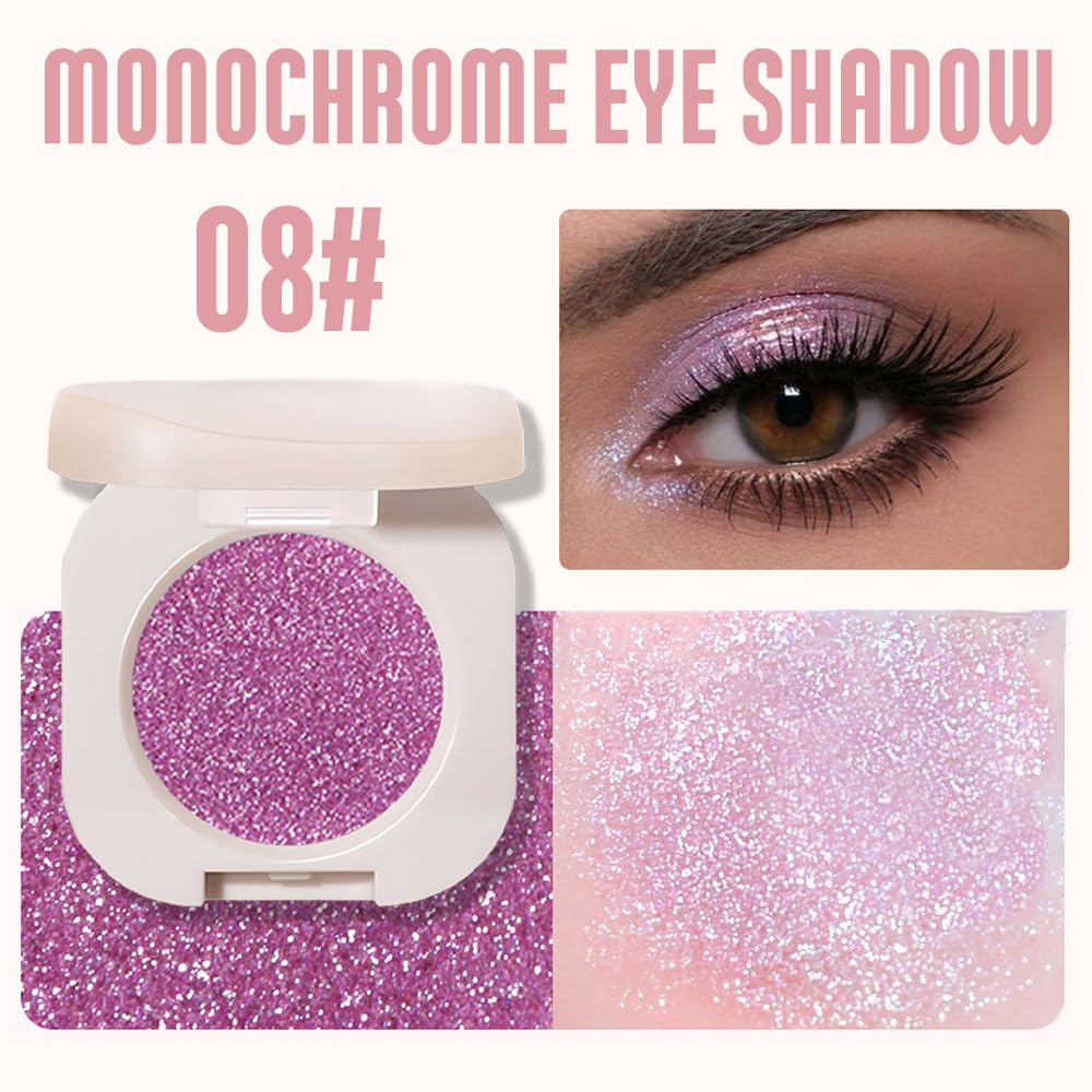 Single Purple Shimmer Sparkly Eyeshadow,Bright High Pigment Intense Monochrome Eye Shadow,Apply Makeup Easily,Glitter Pressed Powder Single Eyeshadow,24 Hour Eye Makeup Longwear Waterproof,Blendable