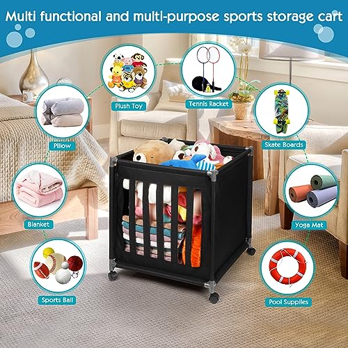 Exttlliy Rolling Ball Cart Sports Ball Storage Cart with Wheels Garage Ball Storage with Elastic Straps Basketball Rack for Sports Equipment Organizer Garage Storage Easy to Assemble (Black)
