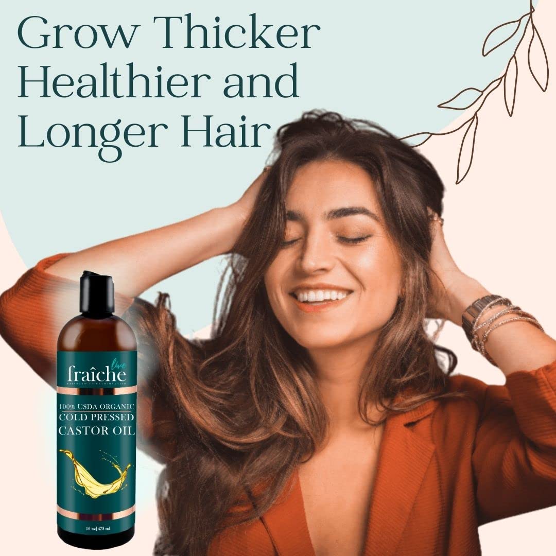Live Fraiche Organic Castor Oil (16oz) + Filled Mascara Tube - 100% Pure Hexane Free Cold Pressed Castor Oil for Skin and Face - Hair Growth Oil for Eyelashes and Eyebrows Scalp & Hair Treatment Oil