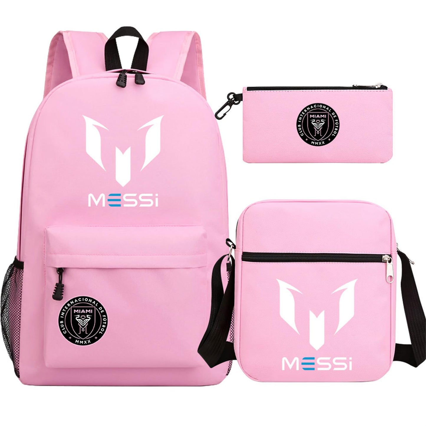 enttgo Unisex Lionel Messi 3 in 1 Backpack Set-Miami CF Novelty Casual Bookbag Waterproof Canvas Knapsack for Travel