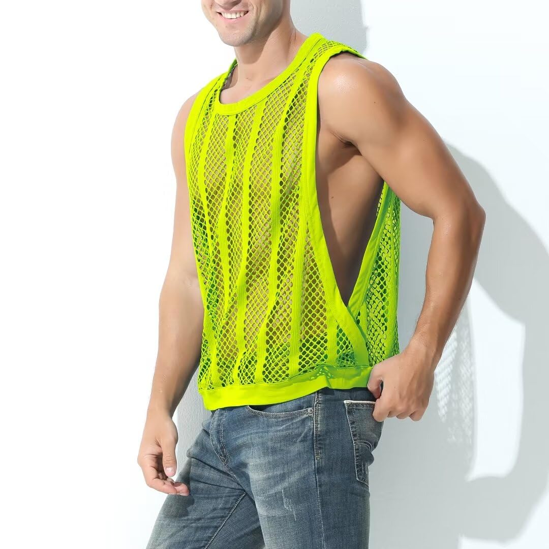 HASWECHYS Men's Mesh Fishnet Fitted Sleeveless Muscle Top Black Green M