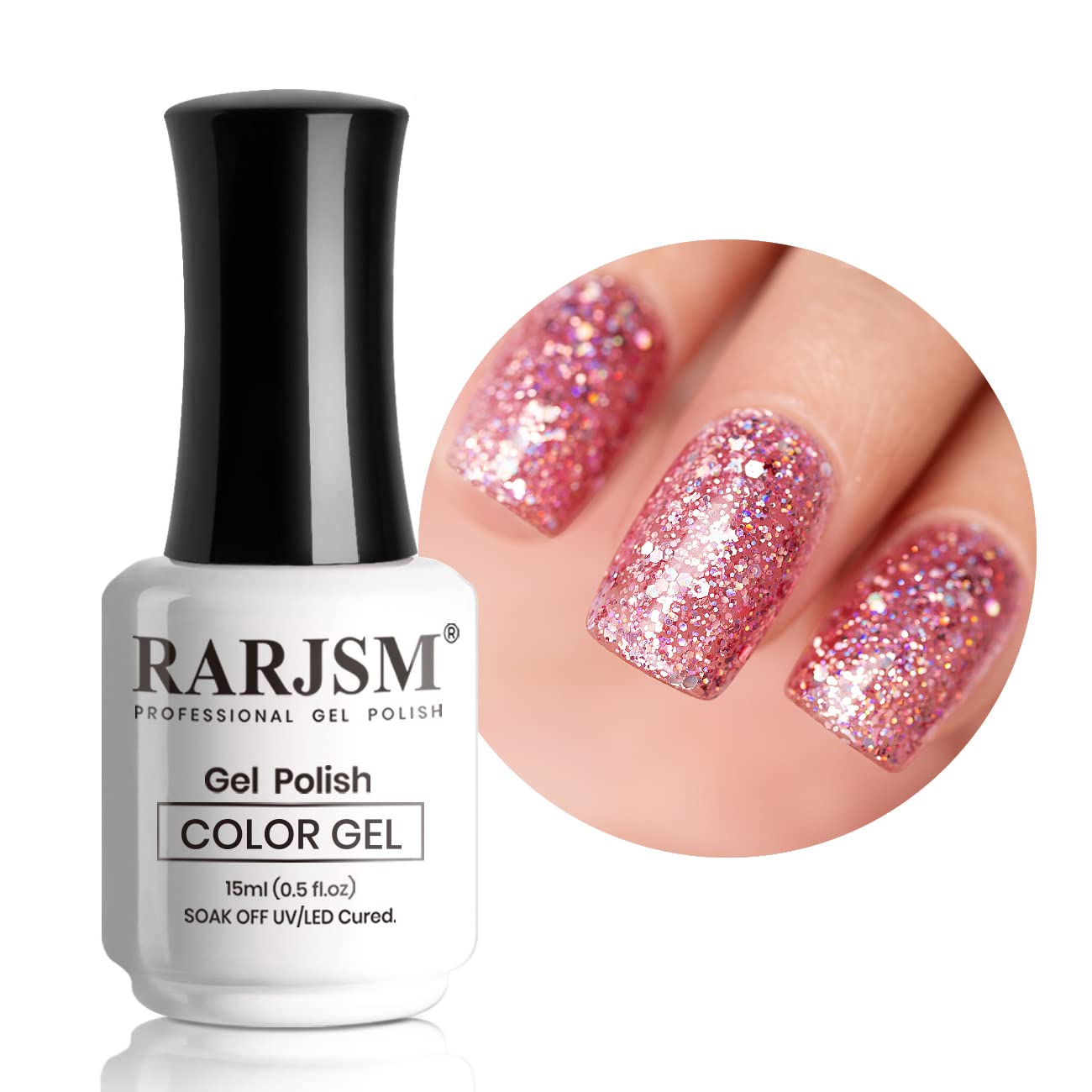 RARJSM Glitter Gel Nail Polish - Chunky Rose Pink Shimmer Iridescent Gel Polish 15ml Holographic Rainbow Effect Soak off Led UV Curing Required High Pigments for Home Salon Manicure Nail Art
