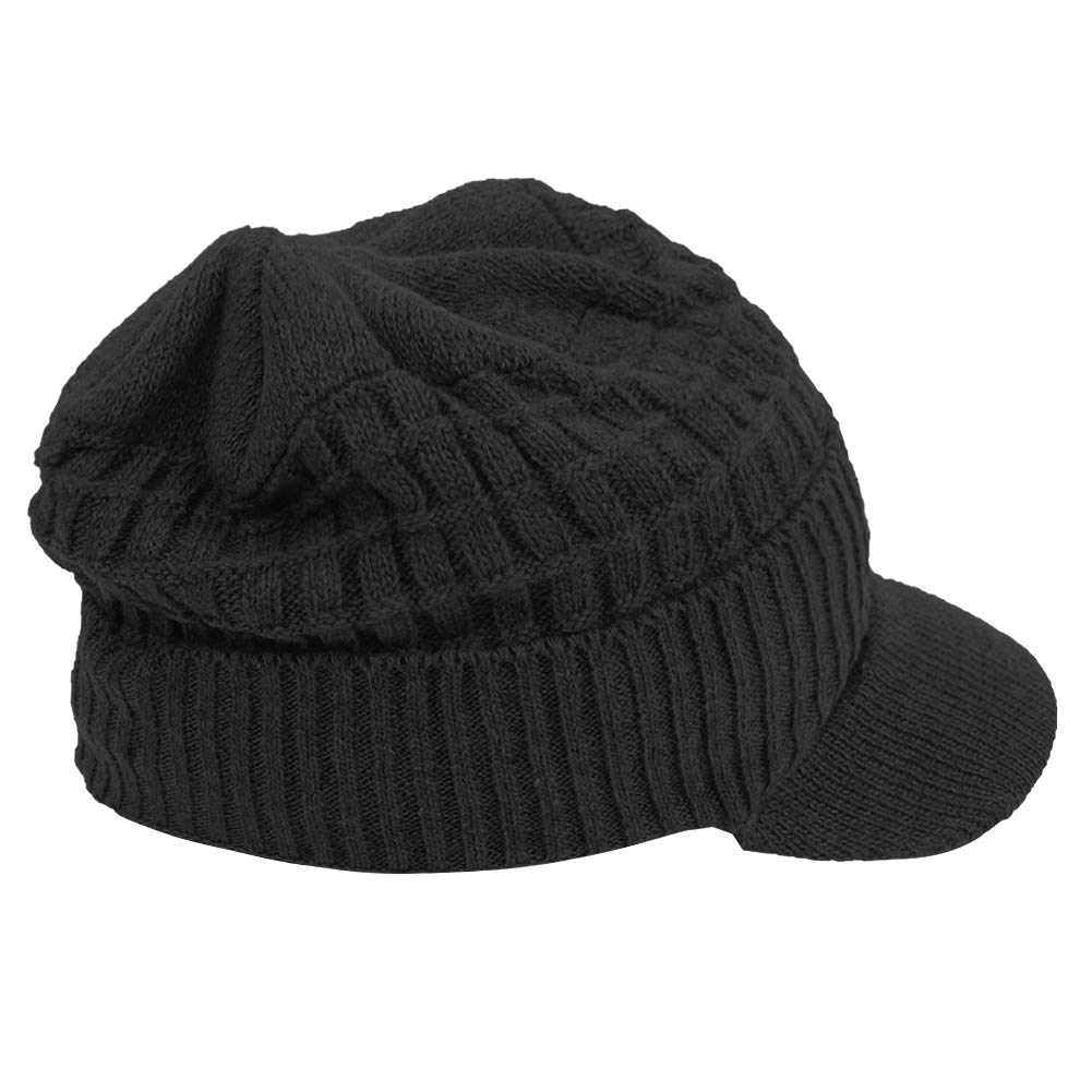 Original One mens Winter Wool Knitted Chunky Visor Beanie Hat with Brim Fur Lined Peaked Ski Cap (Black)