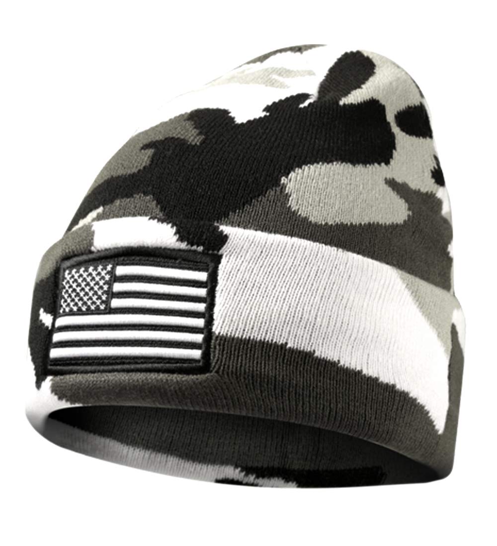MIRMARU Men’s US American Flag Embroidered Folded Cuff Skull Beanie Cap – Comfortable Stretchy Warm and Cozy Winter Hat (City Camo)