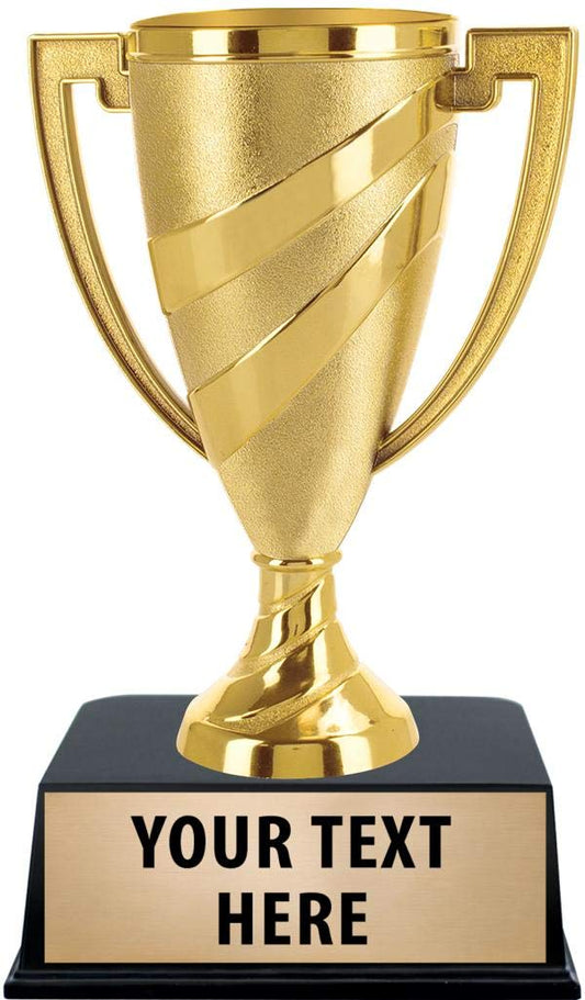 Crown Awards Bulk Gold Cup Trophies with Custom Engraving, 5.75" Personalized Gold Swirl Cup Achievement Trophy On Black Base 5 Pack