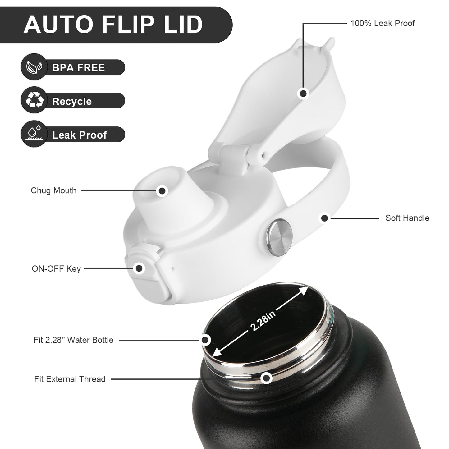 EIPOSAU Auto Flip Lid for Hydro Flask Wide Mouth, Great Spout Lid for Simple Modern, Fits for Iron Flask and Other Brands, Replacement Lid with Button Lock, White