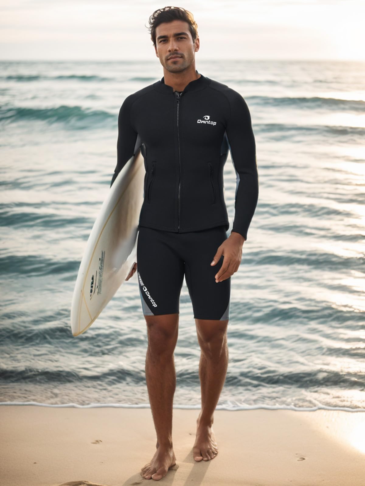 Owntop Wetsuit Top Mens, 2MM Neoprene Long Sleeves Wetsuit Jacket, Zipper Pockets, Comfort Keep Warm for Surfing, Diving, Swimming (Men's Gray, 2XL)