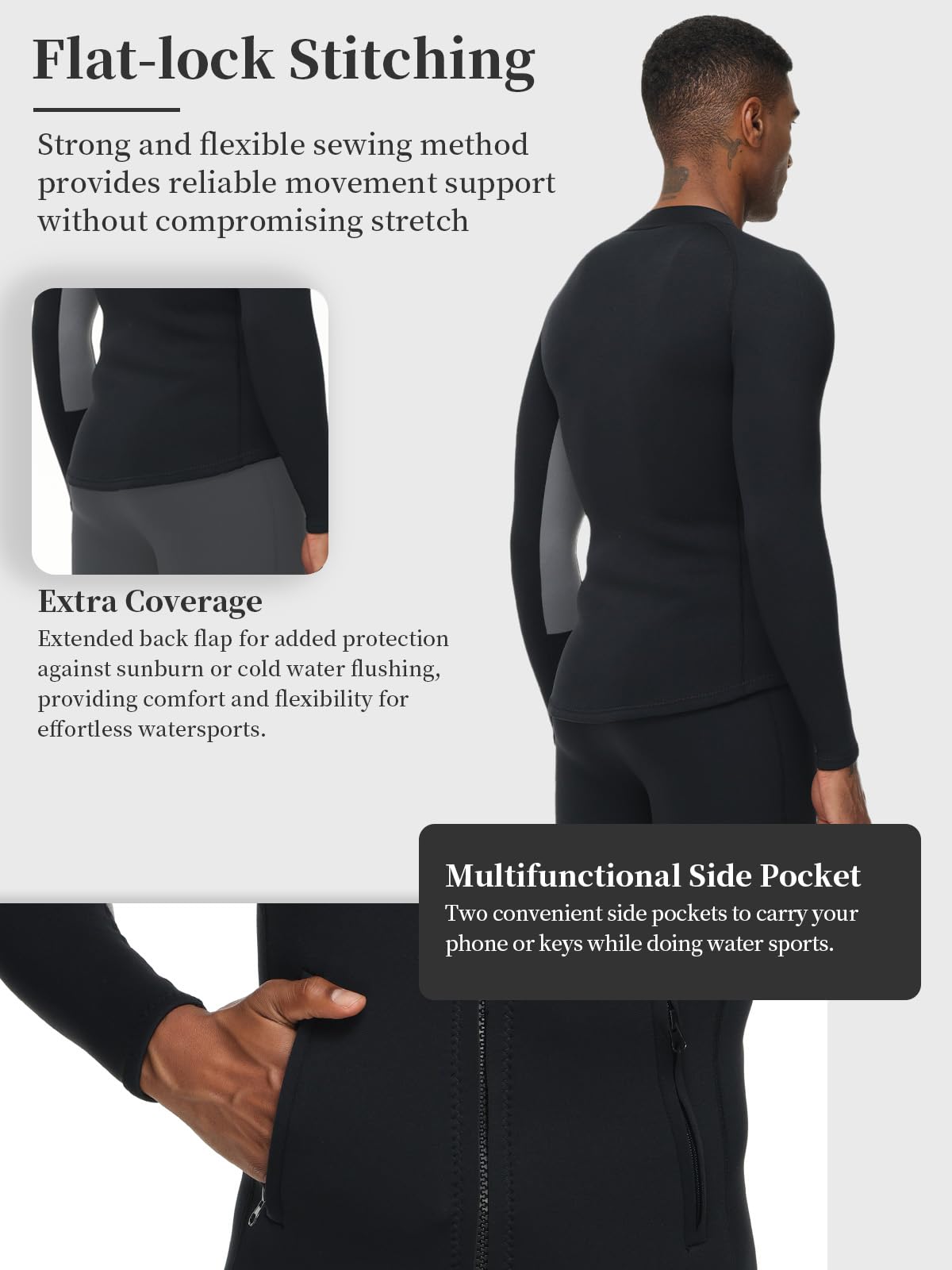 Owntop Wetsuit Top Mens, 2MM Neoprene Long Sleeves Wetsuit Jacket, Zipper Pockets, Comfort Keep Warm for Surfing, Diving, Swimming (Men's Gray, 2XL)