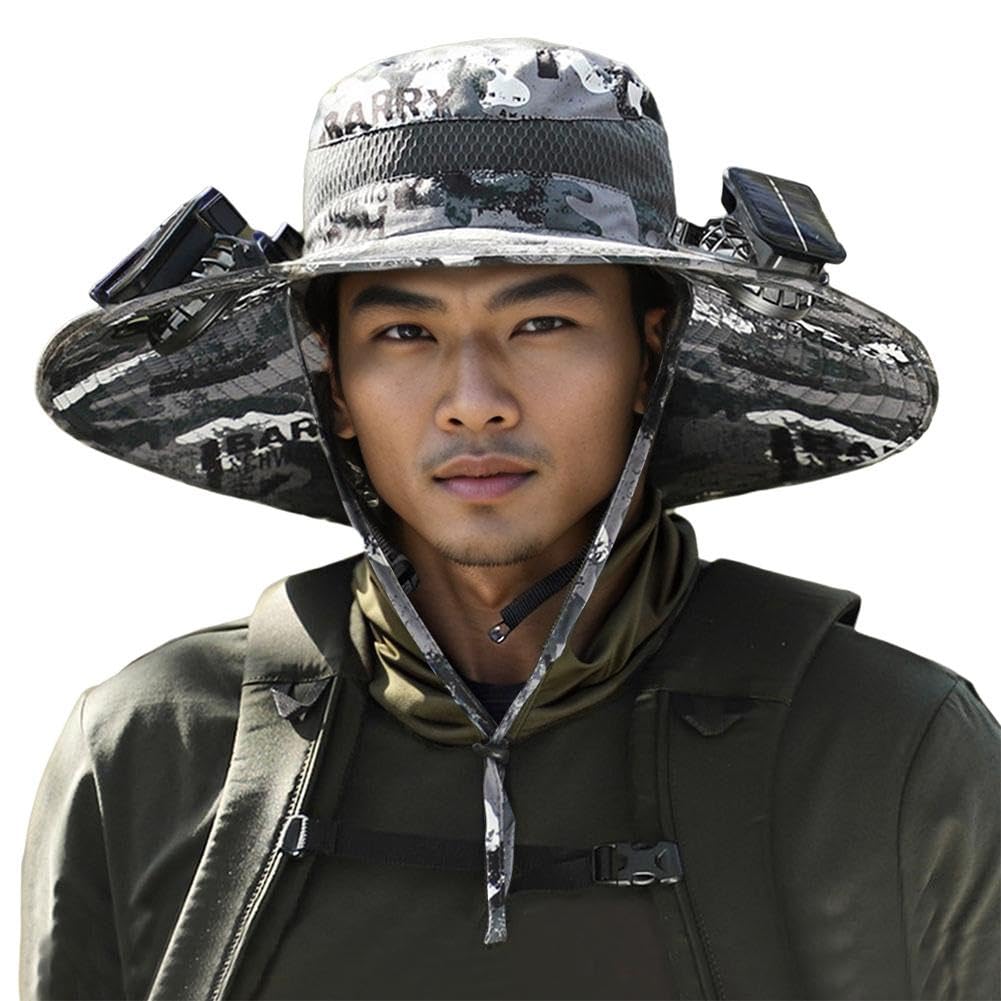Wide Brim Sun Hat with 2 Solar Fan, Fishing Hat for Men, Solar Powered Fan Fishing Hats, 3 Speed Adjustable Fan Hat for Beach Garden Hiking Outdoor Sports