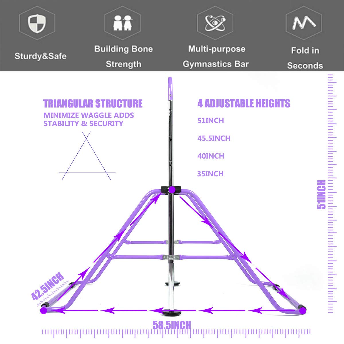 WATBKHE Kids Gymnastics Bar Gymnastic Equipment for Home Adjustable Height Gymnastic Training Bar Gymnastic Stuff for 3-7 Years Old Girls (Purple)