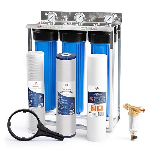 Aquaboon Whole House 3 Stage Water Filter System - 5 Micron Activated Carbon, Anti-Scale, Sediment Filters for Well Water - 20x4.5 Big Water Filter Housing w/Wrench, Frame & Pressure Gauge & Release