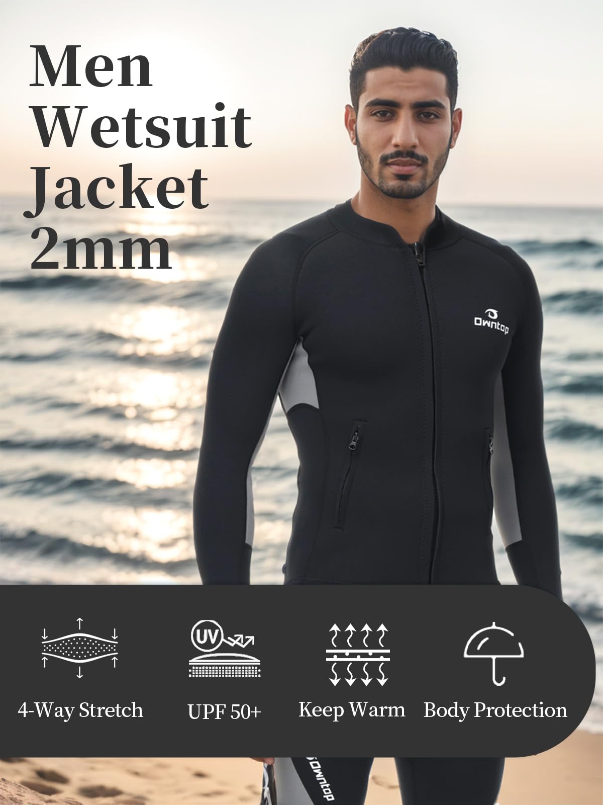 Owntop Wetsuit Top Mens, 2MM Neoprene Long Sleeves Wetsuit Jacket, Zipper Pockets, Comfort Keep Warm for Surfing, Diving, Swimming (Men's Gray, 2XL)