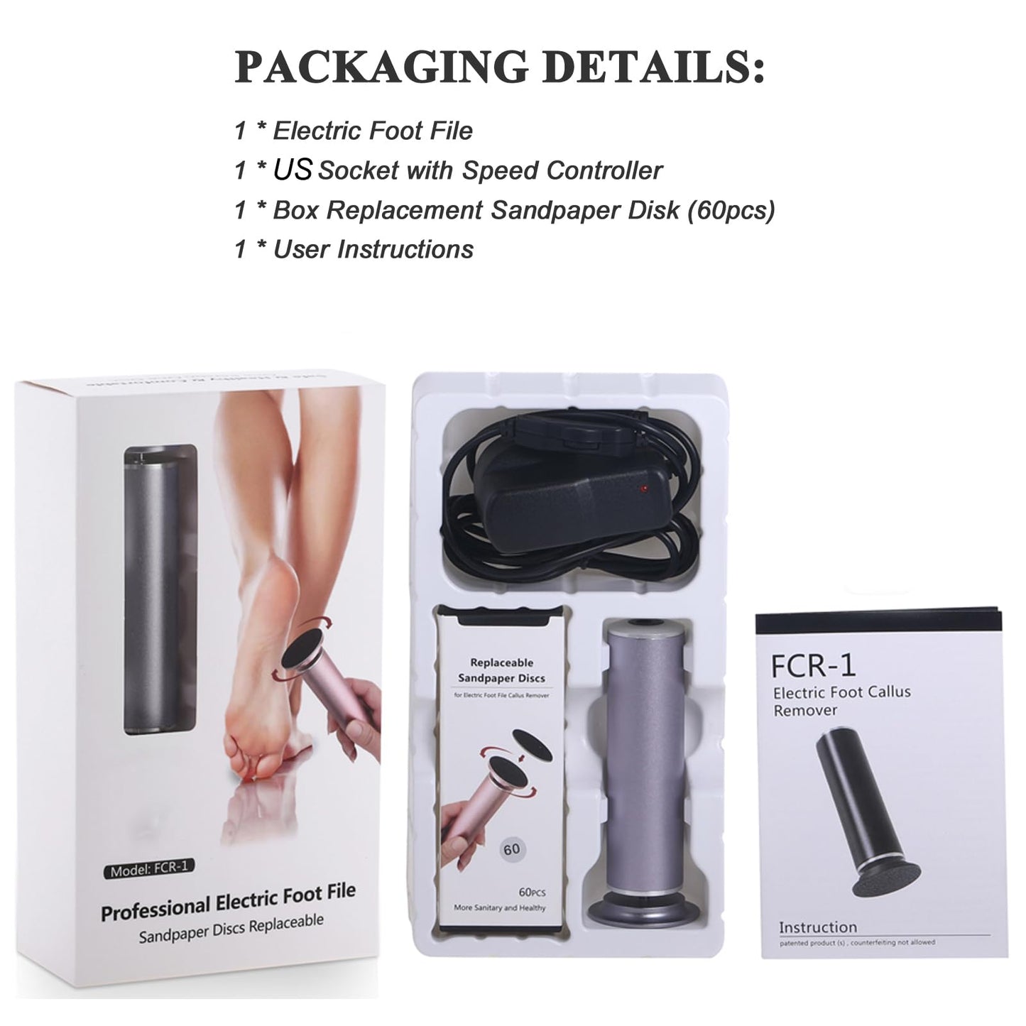 Electric Callus Remover for Feet, Adjustable Various Speed, Powerful Electric Foot File Sander Scrubber Foot Grinder for Dead Skin with 60 Replacement Sanding Discs, 01Gray